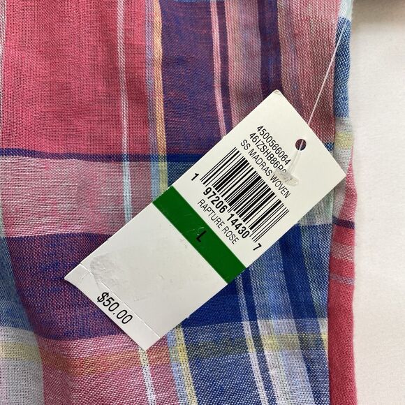 Izod Madras Linen Blend Shirt Mens Large Pink & Blue Plaid SS Lightweight Preppy - Picture 6 of 7